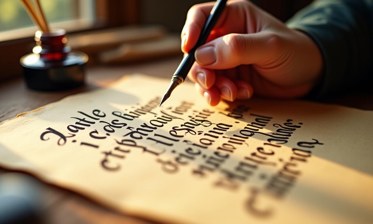 Mano di calligrafo che scrive elegantemente su carta pergamena