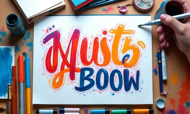 Composizione vibrante di lettering moderno dipinto a mano con diversi stili e colori, su una superficie artigianale.