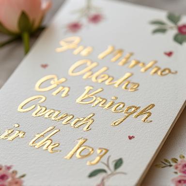 Dettaglio di un invito di matrimonio calligrafico elegantemente scritto a mano con inchiostro dorato.