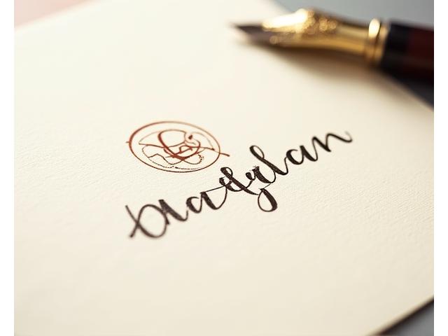 Logo aziendale con elementi calligrafici su carta testurizzata